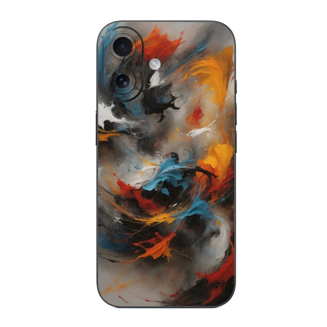 Chaos Mobile Skin Wrap with abstract design in black, orange, and blue on a white background