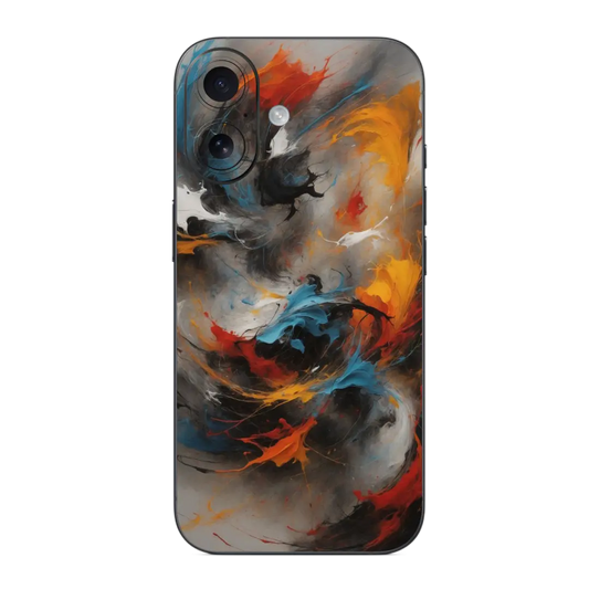 Chaos Mobile Skin Wrap with abstract design in black, orange, and blue on a white background