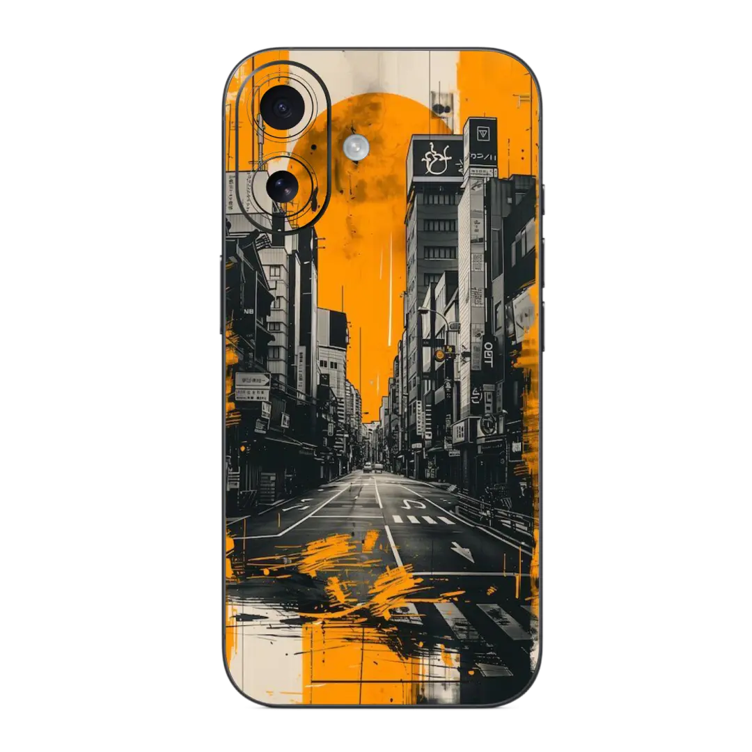 Cityscape Mobile Skin Wrap with city street design and orange accents on a white background