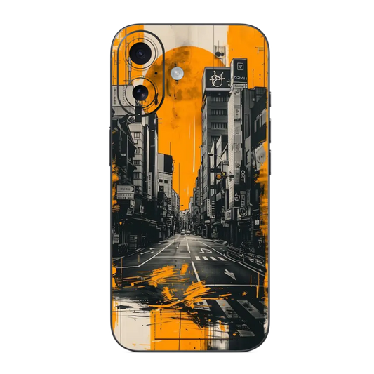 Cityscape Mobile Skin Wrap with city street design and orange accents on a white background
