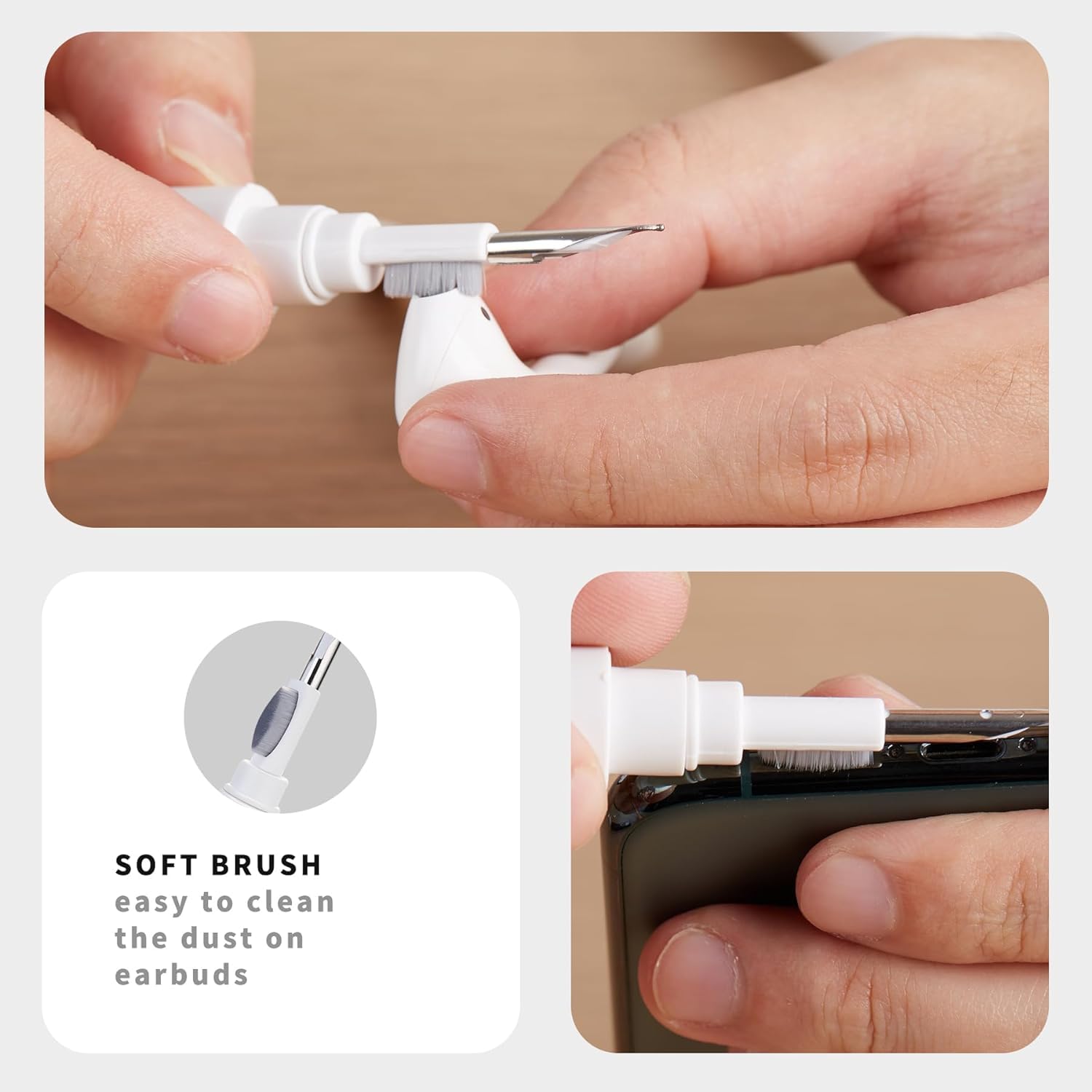 Hands using a soft brush to clean earbuds with close-up details.