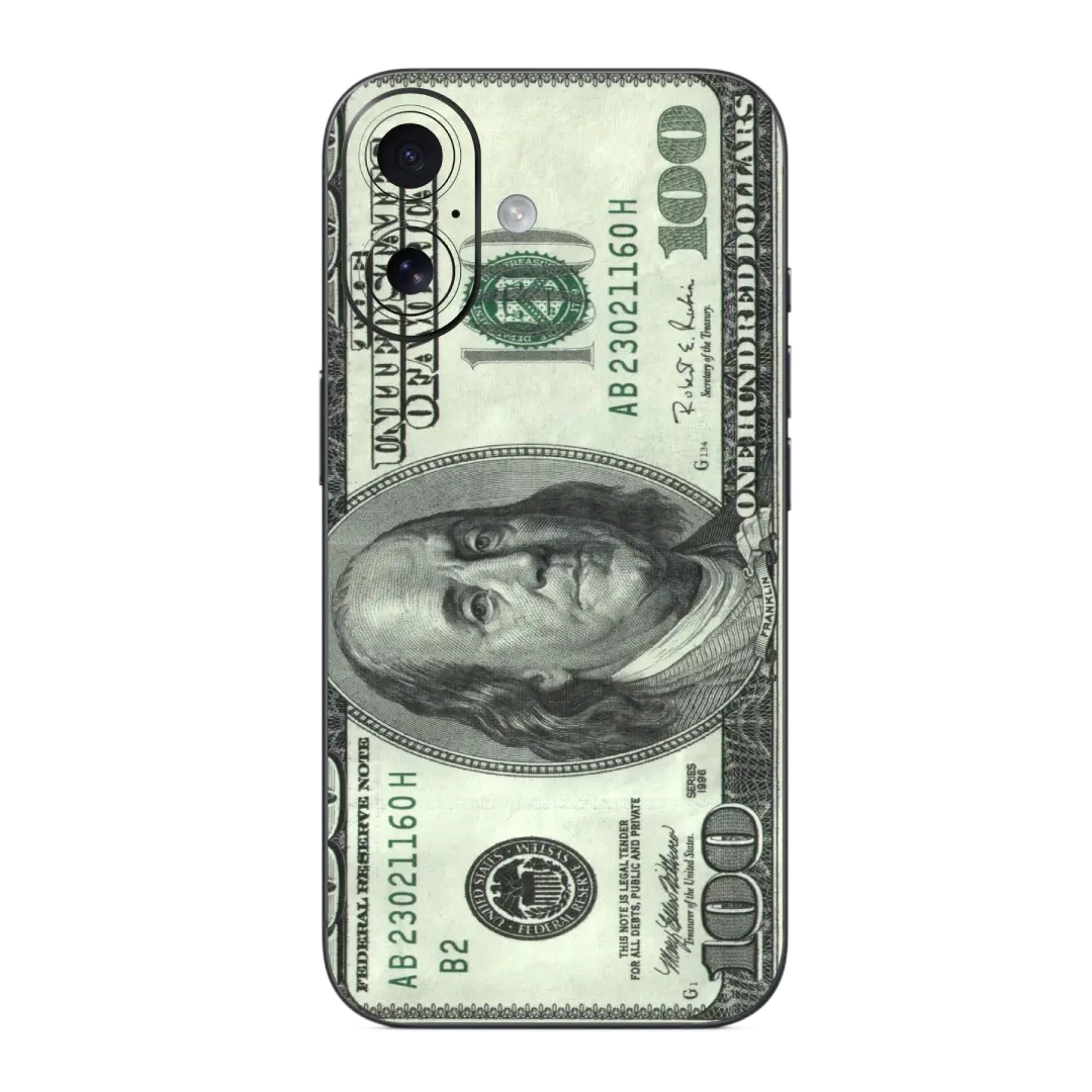 Dollar Mobile Skin Wrap designed like a $100 bill with Benjamin Franklin's face on a white background