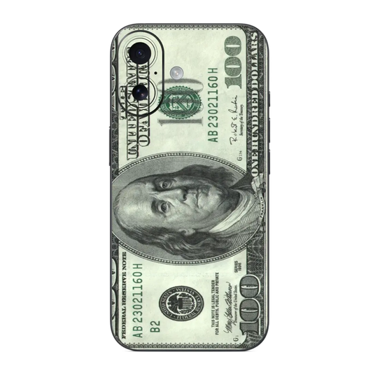 Dollar Mobile Skin Wrap designed like a $100 bill with Benjamin Franklin's face on a white background