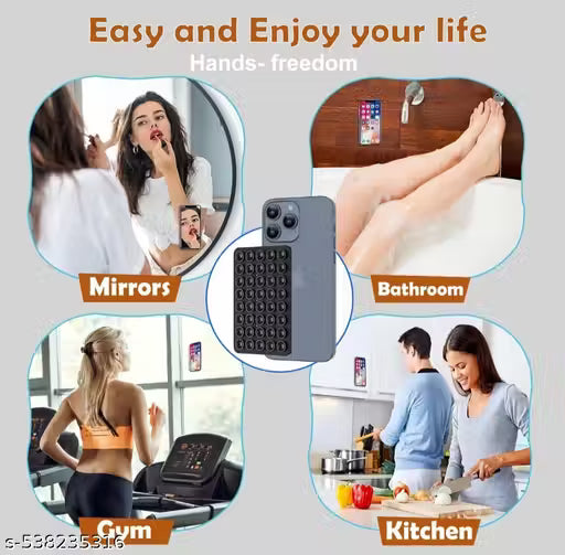 Product with lifestyle images labeled 'Mirrors', 'Bathroom', 'Gym', and 'Kitchen' on a gray background.
