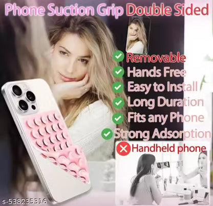 Phone suction grip with woman using it, features listed on the right