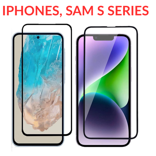 Two smartphone screen protectors with colorful displays on a white background, labeled 'IPHONES, SAM S SERIES'.