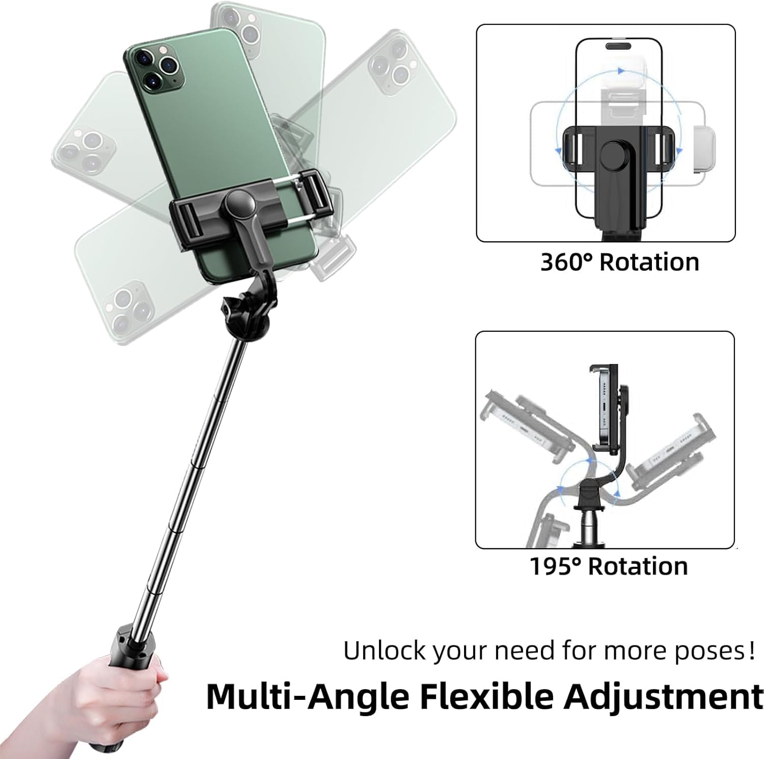 Extendable Selfie Stick with Wireless Remote and Tripod Stand with 360-degree rotation feature on a white background