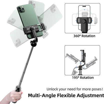 Extendable Selfie Stick with Wireless Remote and Tripod Stand with 360-degree rotation feature on a white background