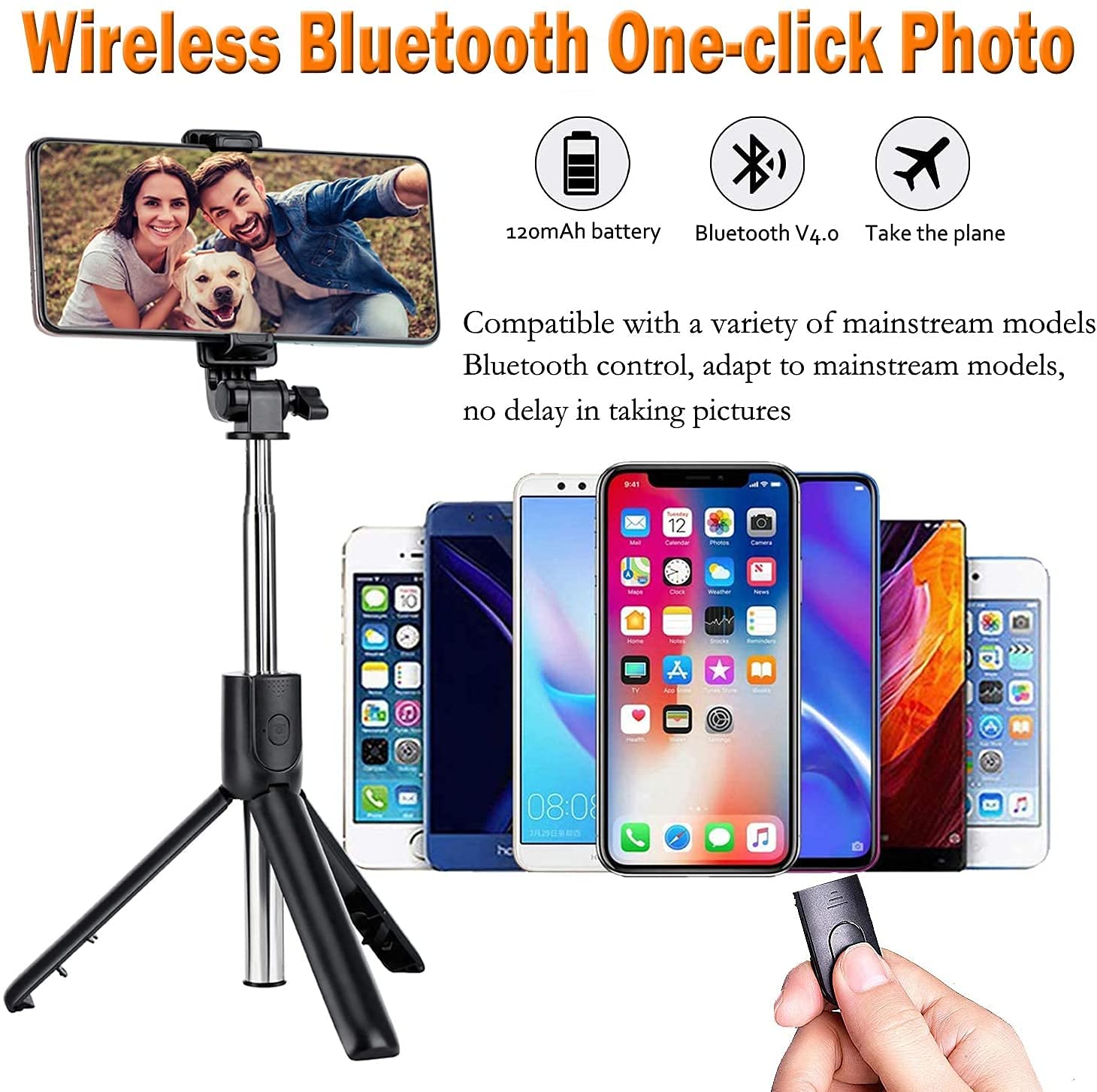 Wireless Bluetooth selfie stick with smartphone compatibility and features displayed.