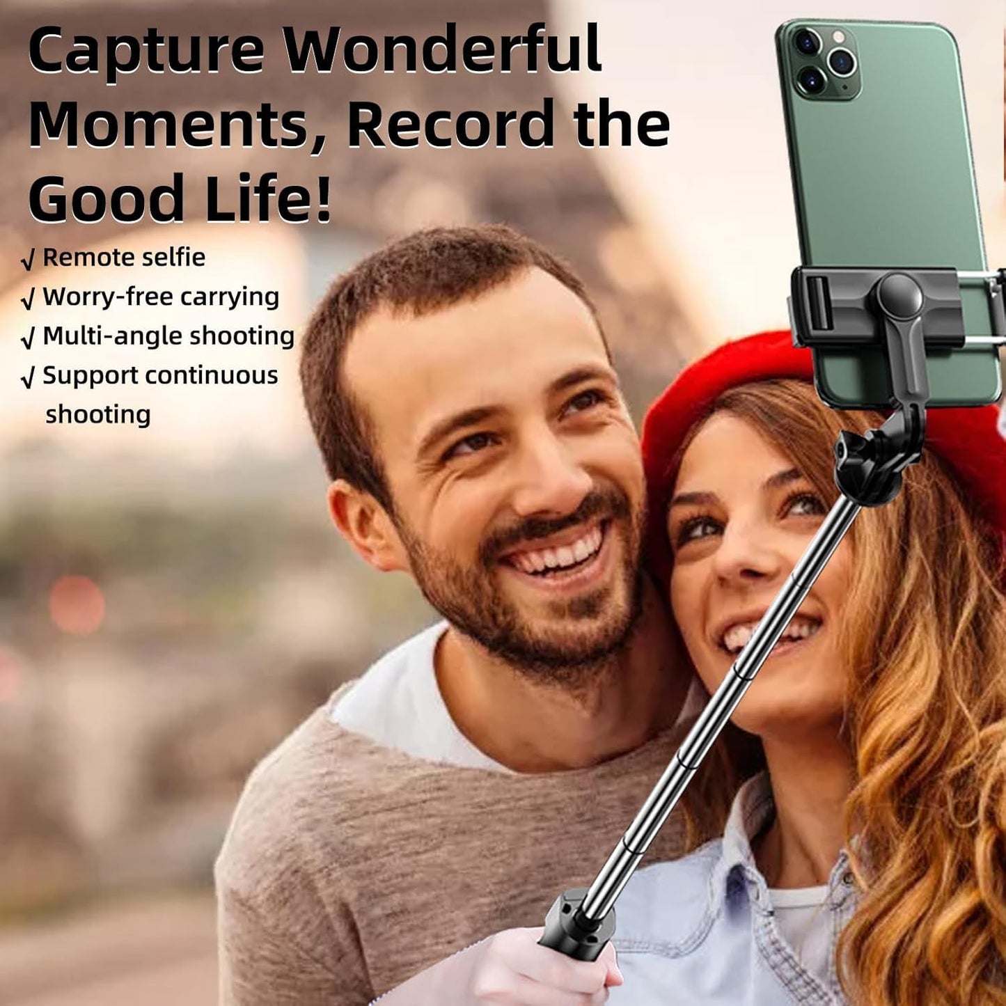 Couple using a smartphone with a selfie stick, with text about remote selfie and lifestyle features.