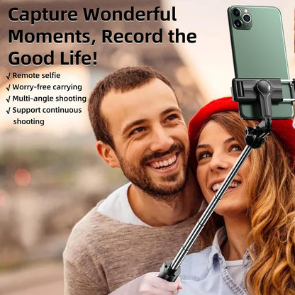 Couple using a smartphone with a selfie stick, with text about remote selfie and lifestyle features.