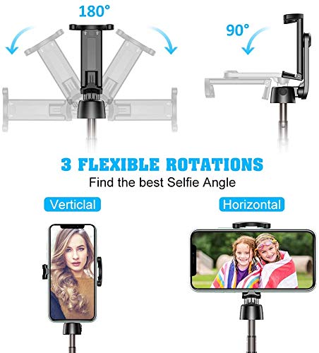 Extendable Selfie Stick with Wireless Remote and Tripod Stand with 3 flexible rotations feature on a white background