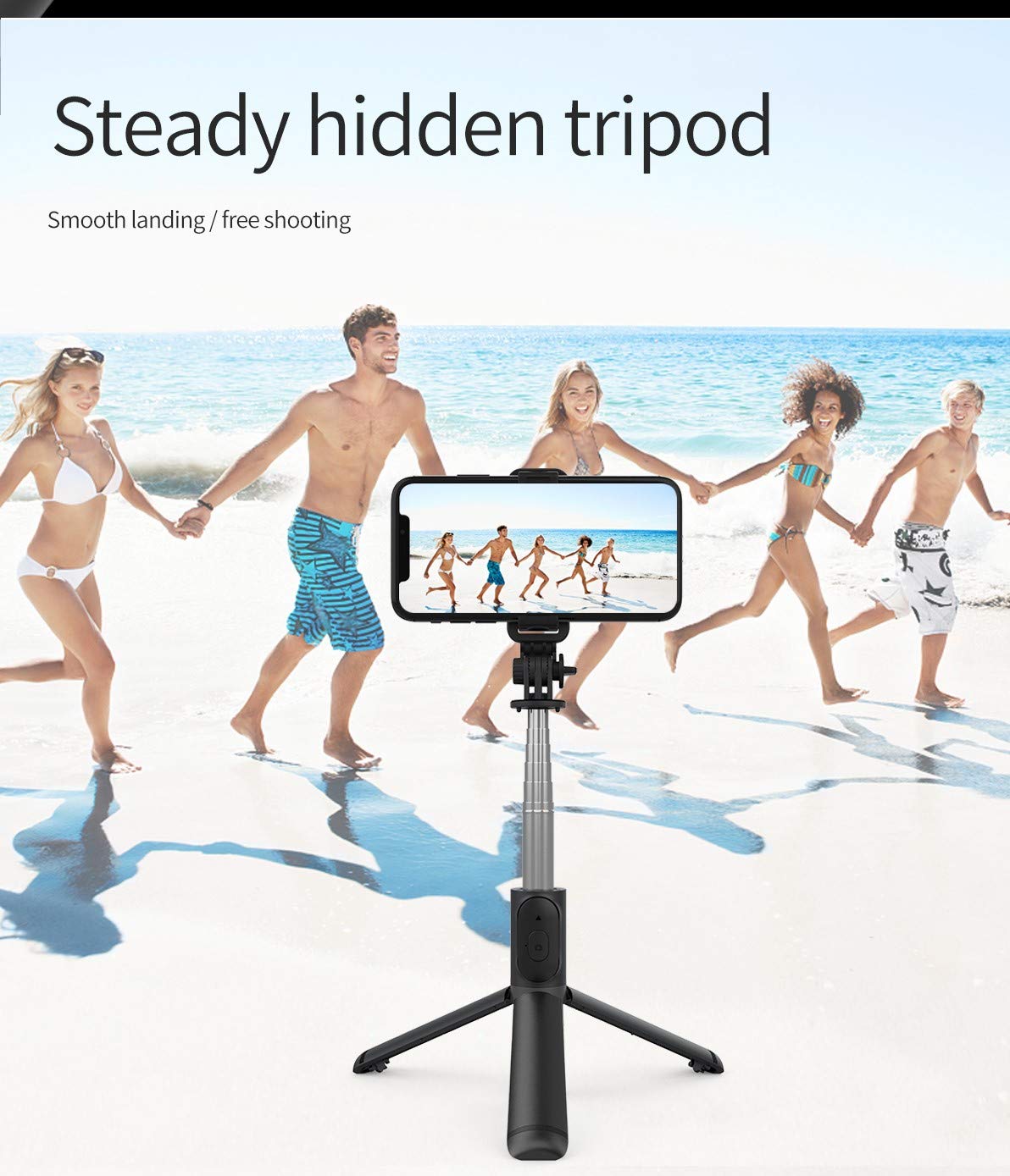 Extendable Selfie Stick with Wireless Remote and Tripod Stand being used on a beach