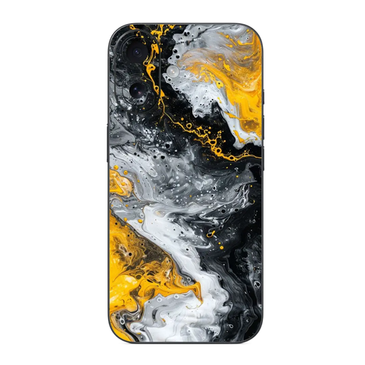 Fluid Art Mobile Skin Wrap with abstract design of black, yellow, and white colors on a white background