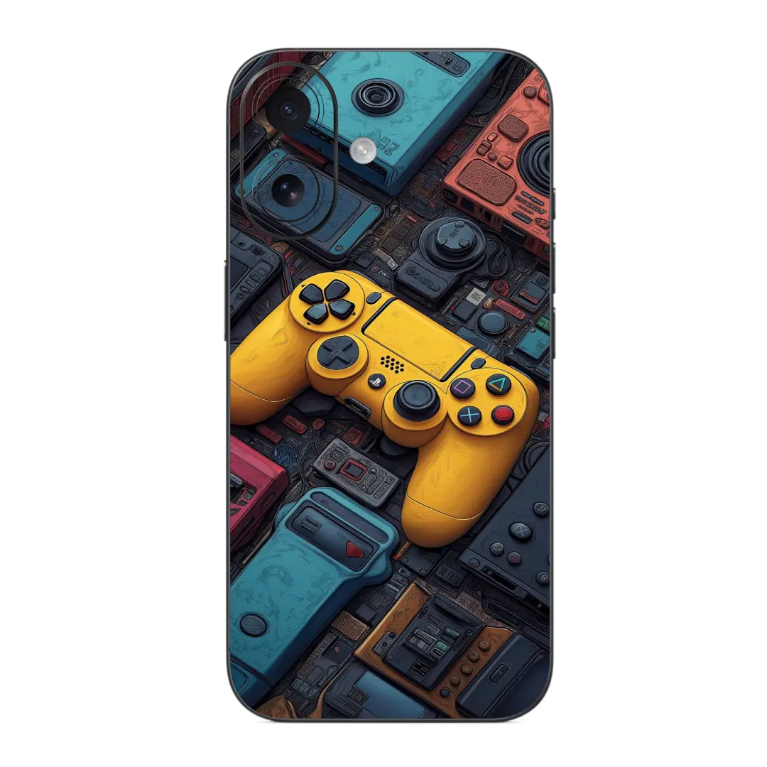 Game Pad Mobile Skin Wrap with a yellow gaming controller design on a colorful background