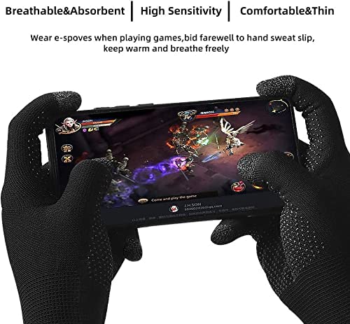 Black gaming gloves holding a smartphone with game displayed, on a white background