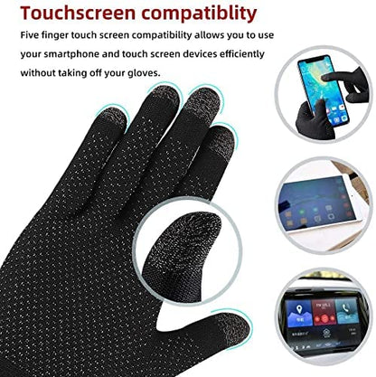 Black touchscreen gloves with text highlighting compatibility with smartphones and touch screen devices.