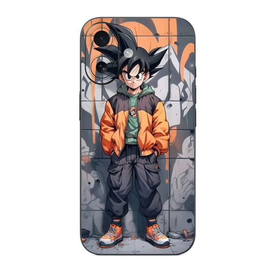 Goku Mobile Skin Wrap with an animated character in an orange jacket on a gray background