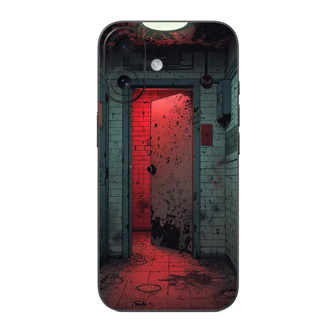 Knock Knock Mobile Skin Wrap with a dark, industrial design featuring a red light and metallic elements.