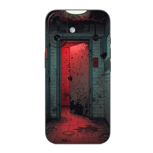 Knock Knock Mobile Skin Wrap with a dark, industrial design featuring a red light and metallic elements.