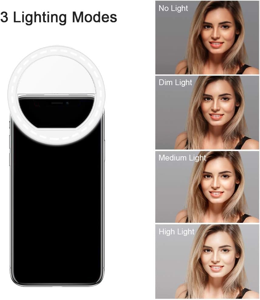 Smartphone with ring light displaying four lighting modes on a gray background.
