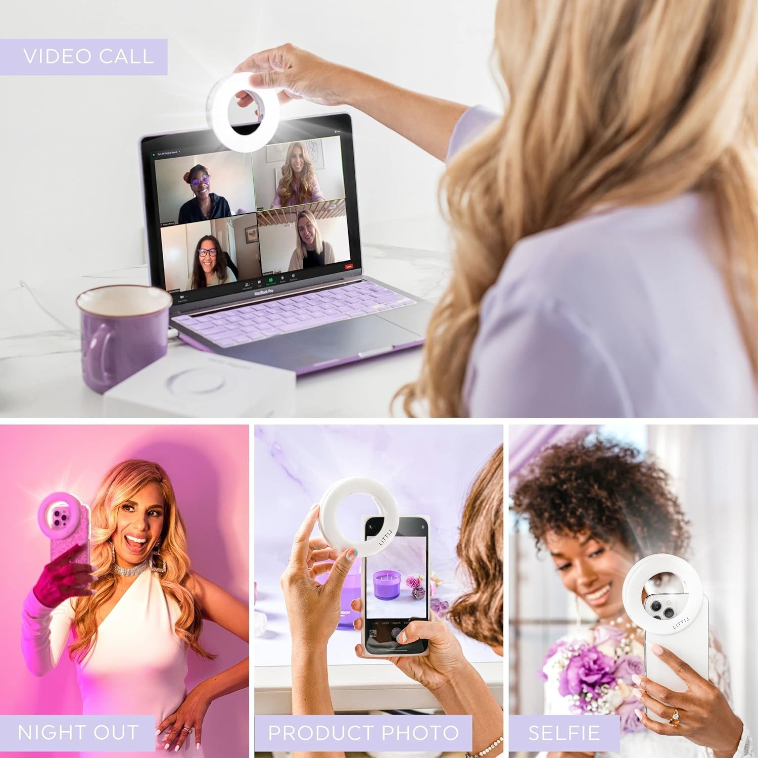 Person using a ring light with a laptop for video calls, night out, product photo, and selfie scenarios.