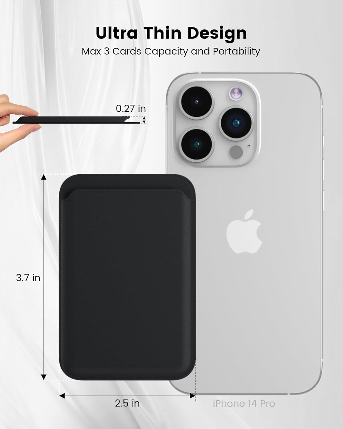 Black phone case with measurements relative to an iPhone, highlighting ultra-thin design and card capacity.