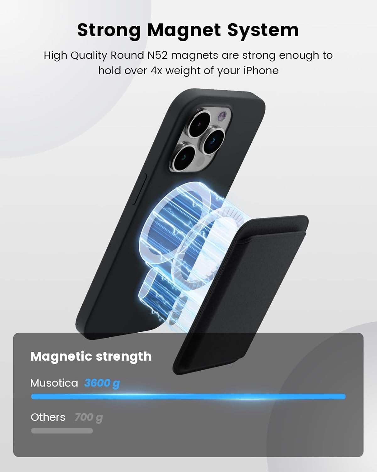 Black phone case with magnetic strength display on a white background
