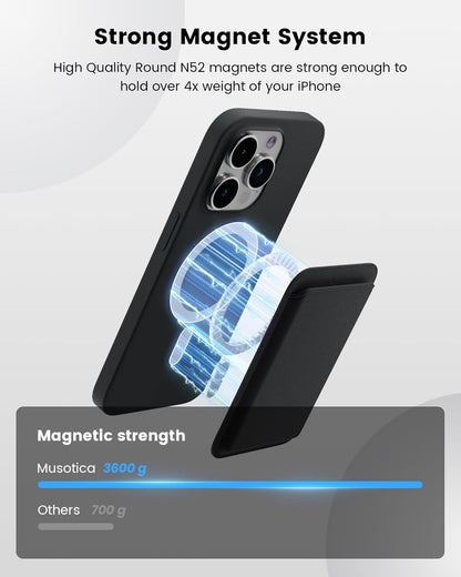 Black phone case with magnetic strength display on a white background