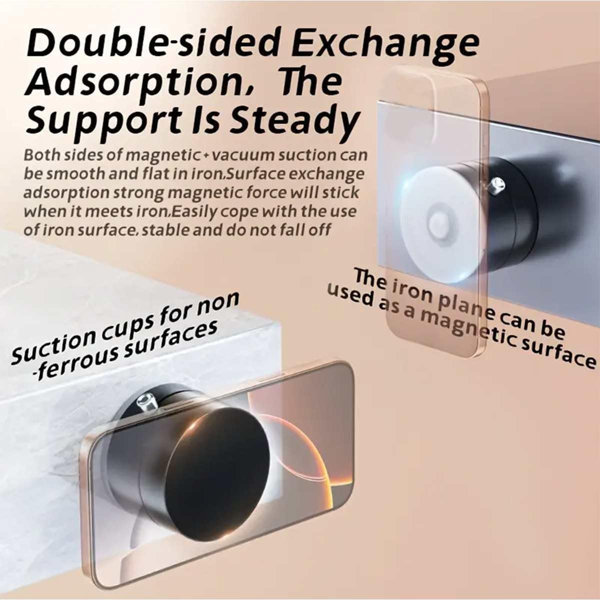 Magnetic suction cup with text explaining its features on a neutral background