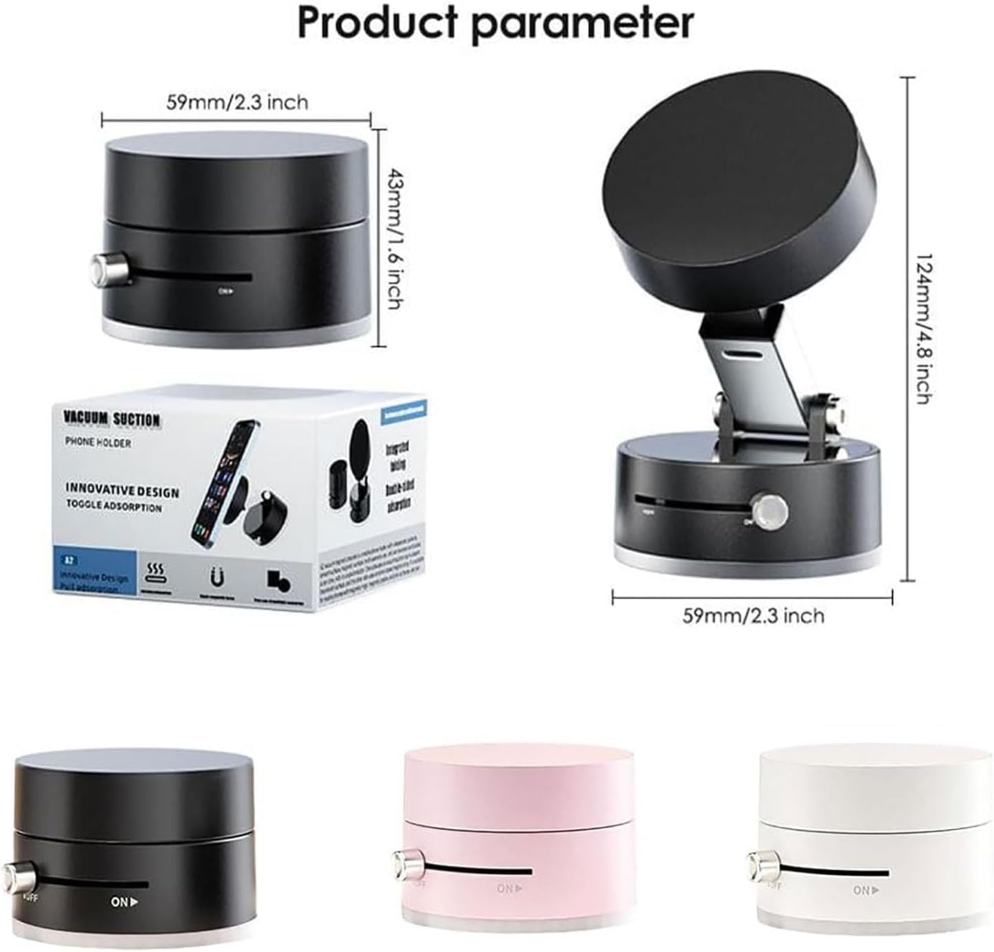 Product parameter chart with a phone holder, packaging, and three color options on a white background.