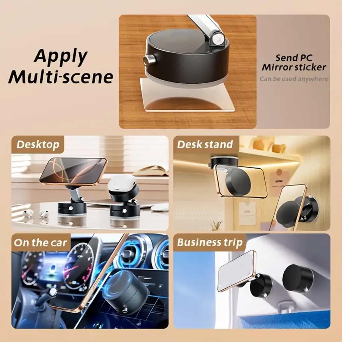 Multifunctional device with various application scenarios including desk stand, car dashboard, and business trip.