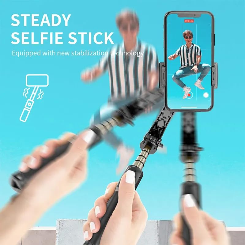 Steady selfie stick with stabilization technology being used to take a photo of a person on a smartphone.