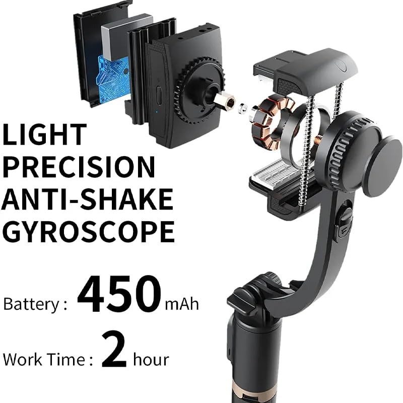 Camera stabilizer with anti-shake gyroscope and battery information on a white background