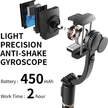 Camera stabilizer with anti-shake gyroscope and battery information on a white background