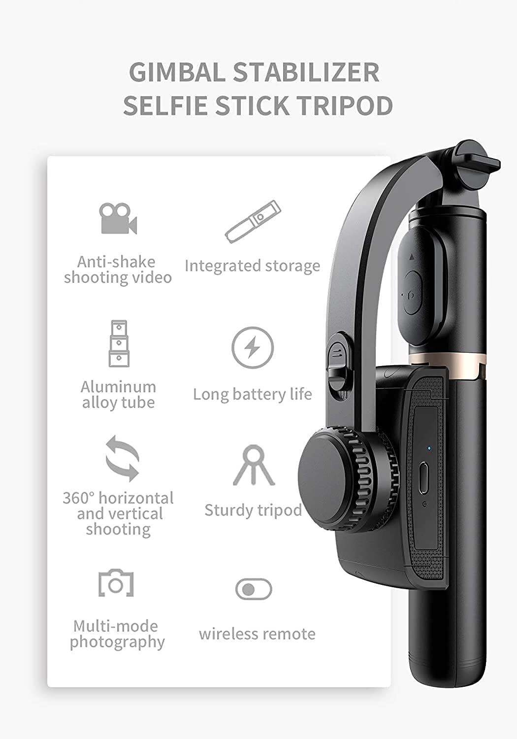 Mini Gimbal Anti-Shake 1-Axis STABILIZER Extendable Selfie Stick Tripod, Wireless Remote for Smartphone, Black