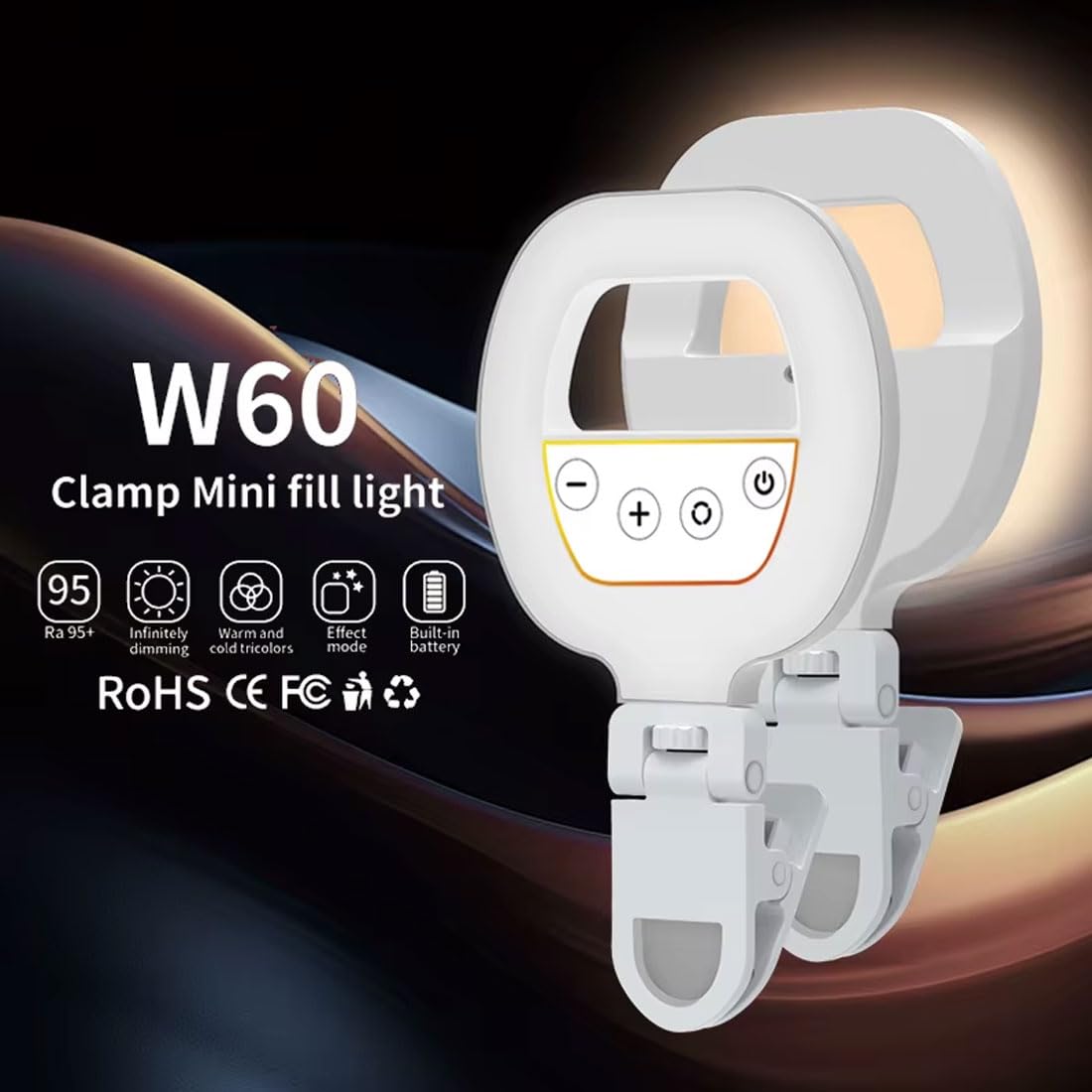 Clamp mini fill light with control panel on a dark background