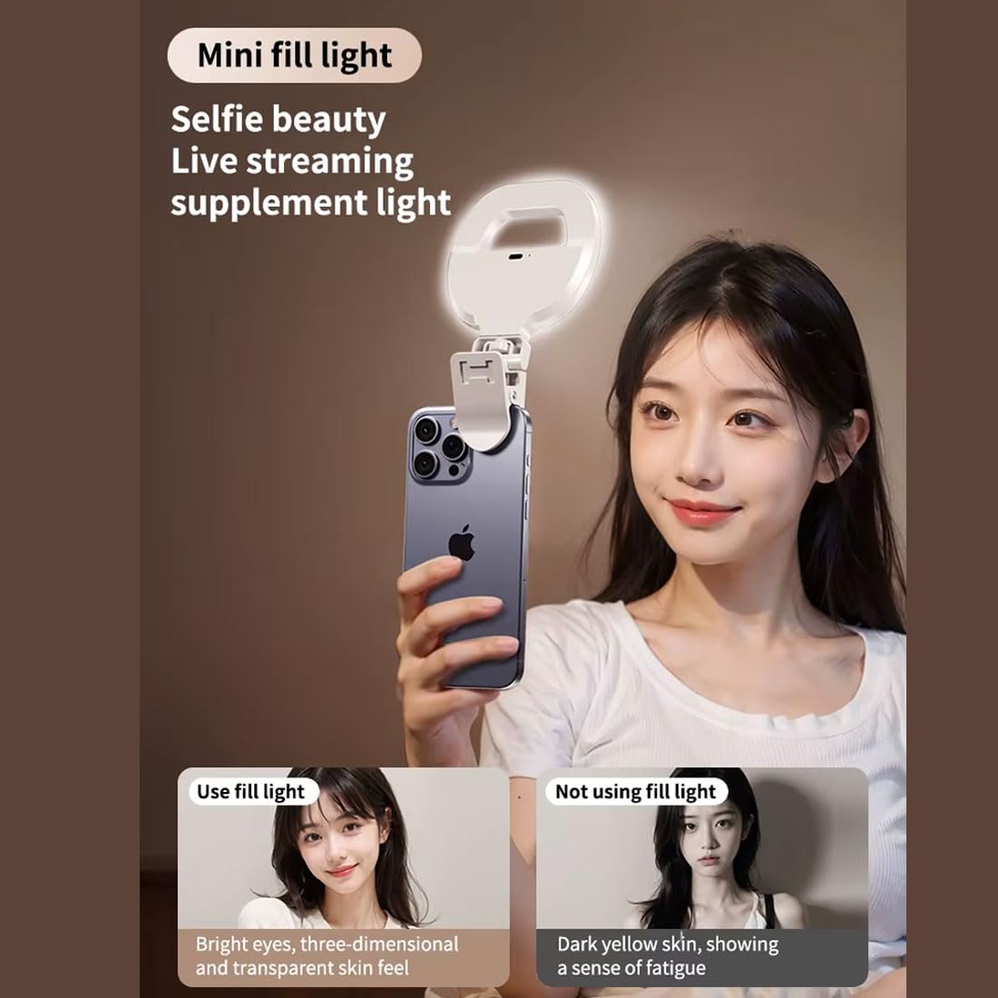 Person using a mini fill light on a phone with before and after effects shown.