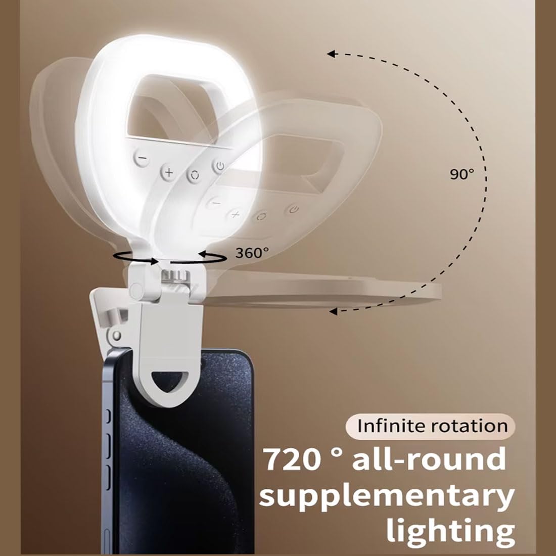 Ring light with 360-degree rotation on a phone, against a beige background