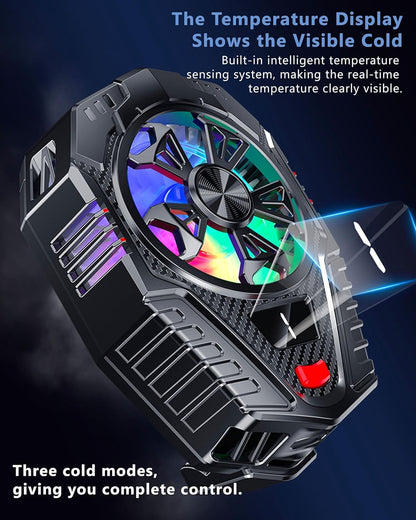 Mobile Cooling Pad with colorful LED display on a dark background