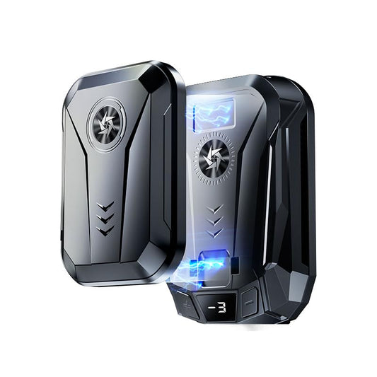Two metallic devices with digital displays on a white background