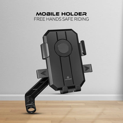 Black mobile holder with 'MOBILE HOLDER' text on a gray background