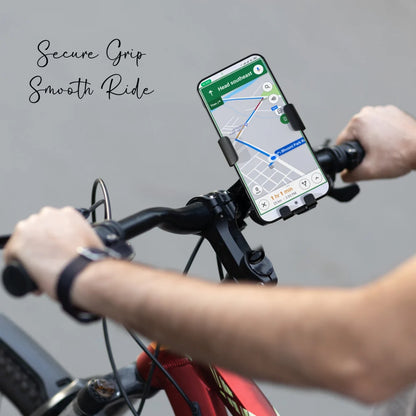 Phone mounted on a Mobile Holder for Bike with navigation app displayed, text 'Secure Grip Smooth Ride' above.