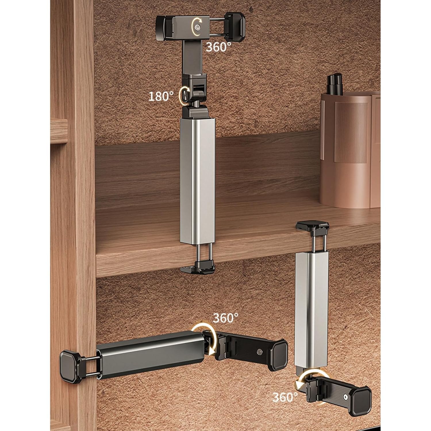 Metal stand with 360-degree rotation on a wooden surface