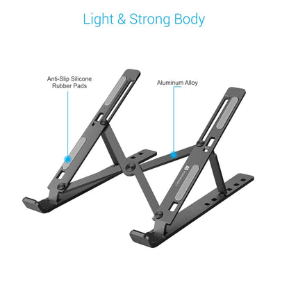 Laptop stand with labeled features on a white background