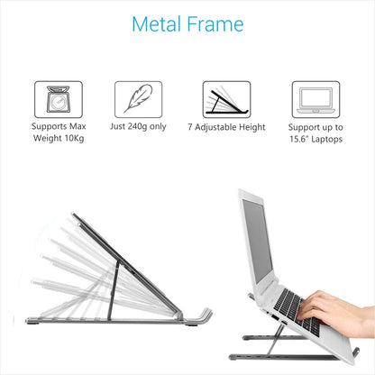 Laptop stand with metal frame features on a white background