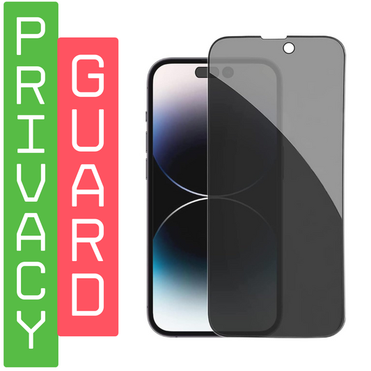 Smartphone with a privacy screen protector on a white background