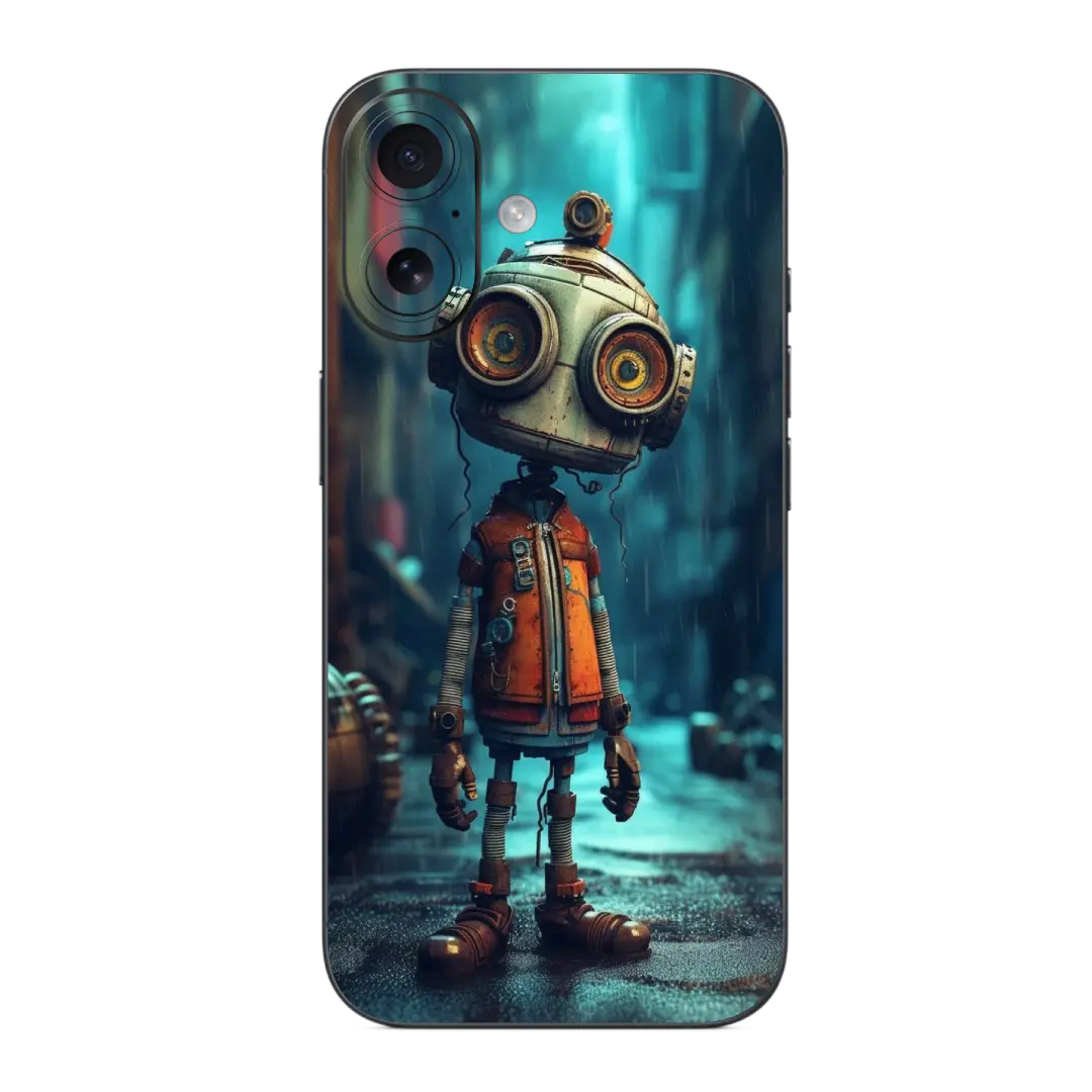 Robot Mobile Skin Wrap with a robot design on a dark, moody background