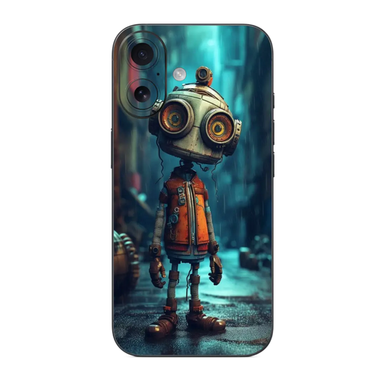 Robot Mobile Skin Wrap with a robot design on a dark, moody background
