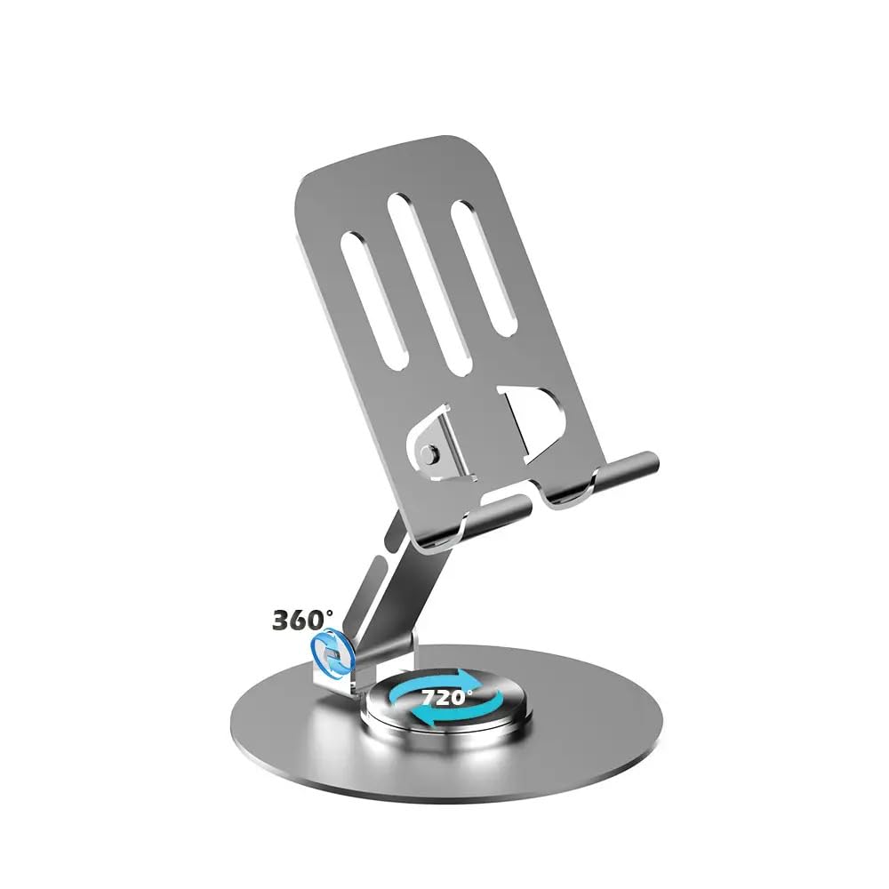 Silver phone stand with adjustable arm on a white background